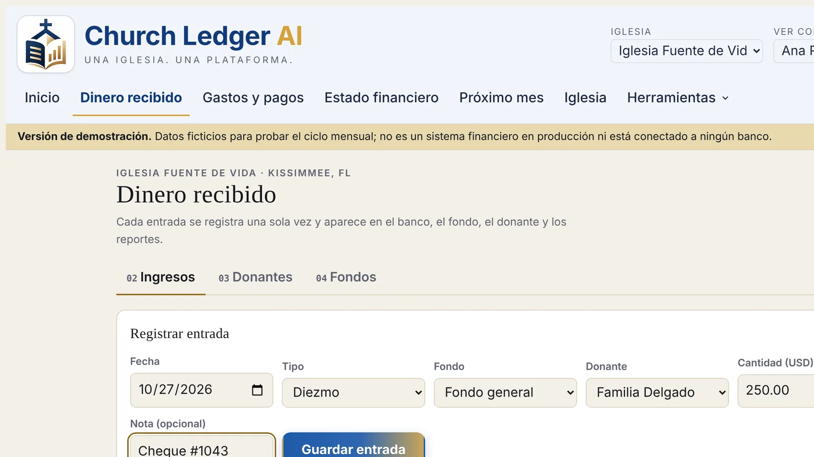 Pantalla Dinero recibido con el formulario para registrar una entrada