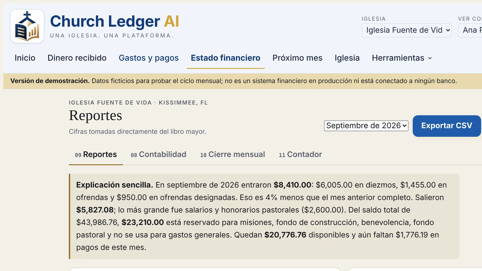 Pantalla Reportes con la explicación sencilla del mes